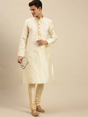 Sanwara Men Cream Jacquard Woven Design Kurta Pyjama 3