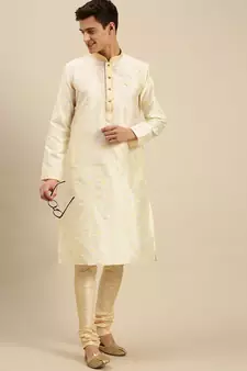 Sanwara Men Cream Jacquard Woven Design Kurta Pyjama