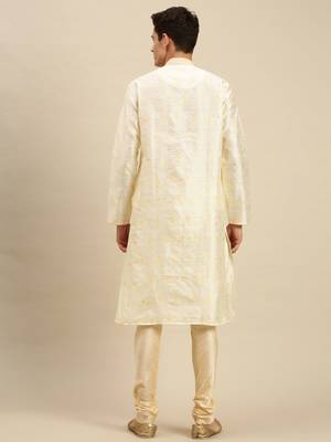 Sanwara Men Cream Jacquard Woven Design Kurta Pyjama 4