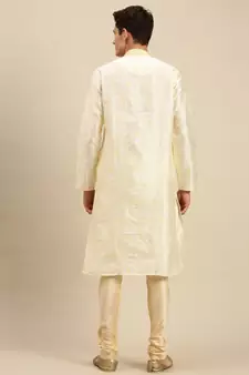 Sanwara Men Cream Jacquard Woven Design Kurta Pyjama