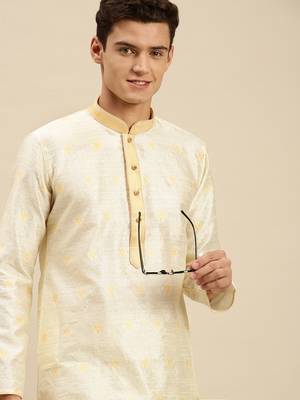 Sanwara Men Cream Jacquard Woven Design Kurta Pyjama 6