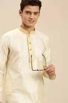 Sanwara Men Cream Jacquard Woven Design Kurta Pyjama