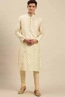 Sanwara Men Light Cream Jacquard Woven Design Kurta Pyjama