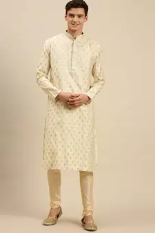 Sanwara Men Light Cream Jacquard Woven Design Kurta Pyjama