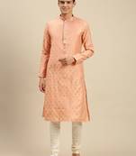 Sanwara Men Light Pink Jacquard Woven Design Kurta Pyjama