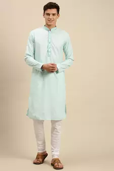 Sanwara Men Sea Green Cotton Chikankari Embroidery Kurta Pyjama