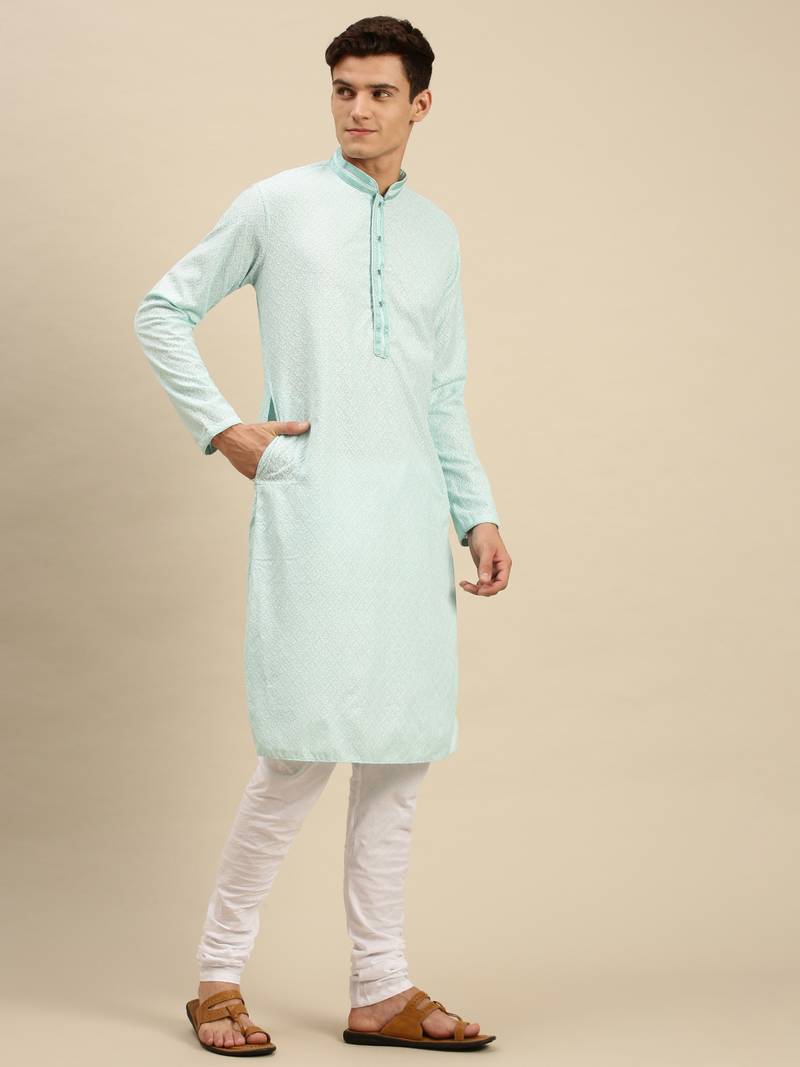 Sanwara Men Sea Green Cotton Chikankari Embroidery Kurta Pyjama