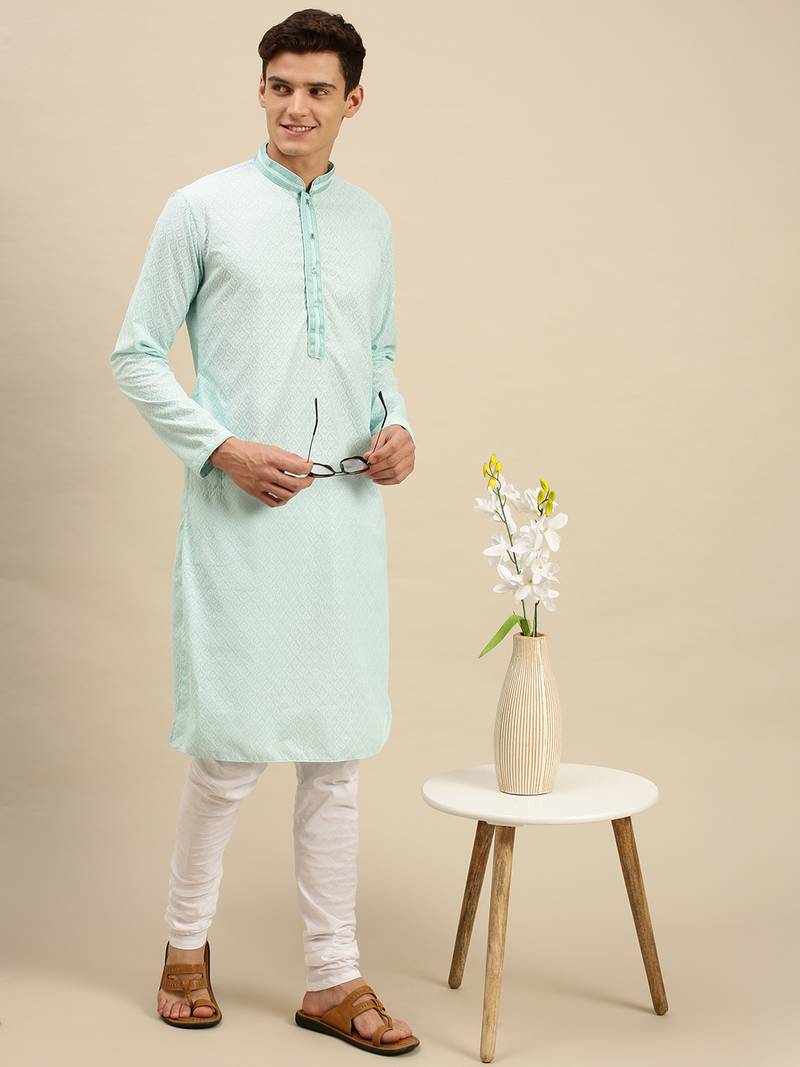 Sanwara Men Sea Green Cotton Chikankari Embroidery Kurta Pyjama