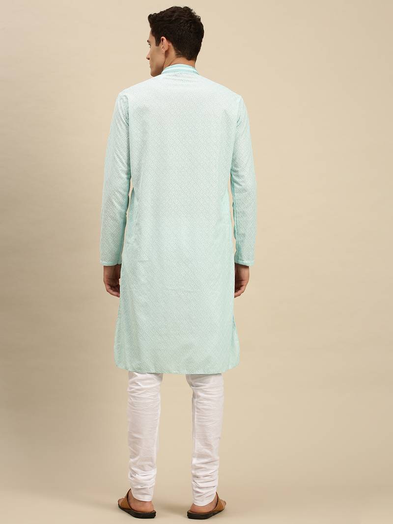 Sanwara Men Sea Green Cotton Chikankari Embroidery Kurta Pyjama