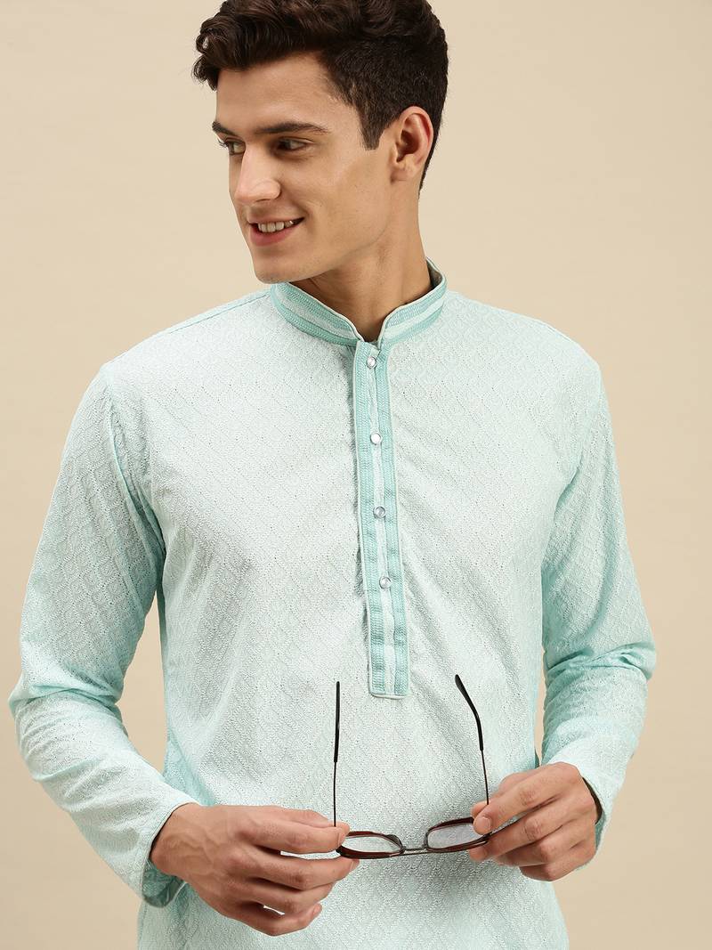 Sanwara Men Sea Green Cotton Chikankari Embroidery Kurta Pyjama
