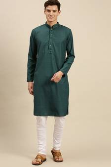 Sanwara Men Fourleaf Green Cotton Chikankari Embroidery Kurta Pyjama