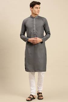 Sanwara Men Grey Cotton Chikankari Embroidery Kurta Pyjama