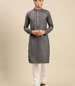 Sanwara Men Grey Cotton Chikankari Embroidery Kurta Pyjama