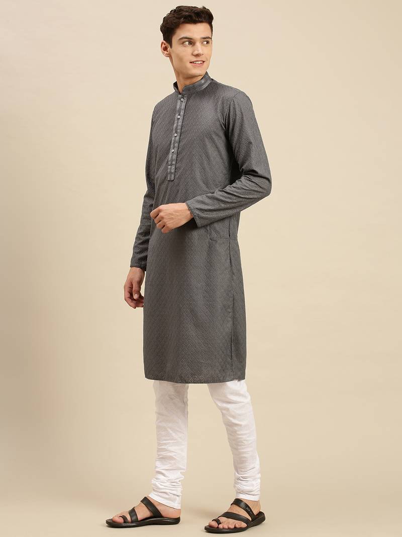 Sanwara Men Grey Cotton Chikankari Embroidery Kurta Pyjama