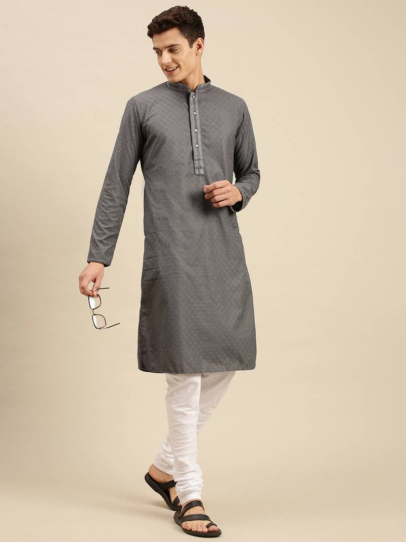 Sanwara Men Grey Cotton Chikankari Embroidery Kurta Pyjama