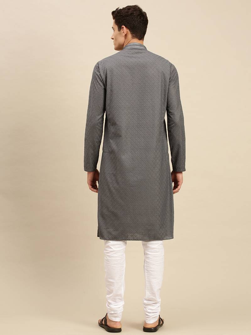 Sanwara Men Grey Cotton Chikankari Embroidery Kurta Pyjama