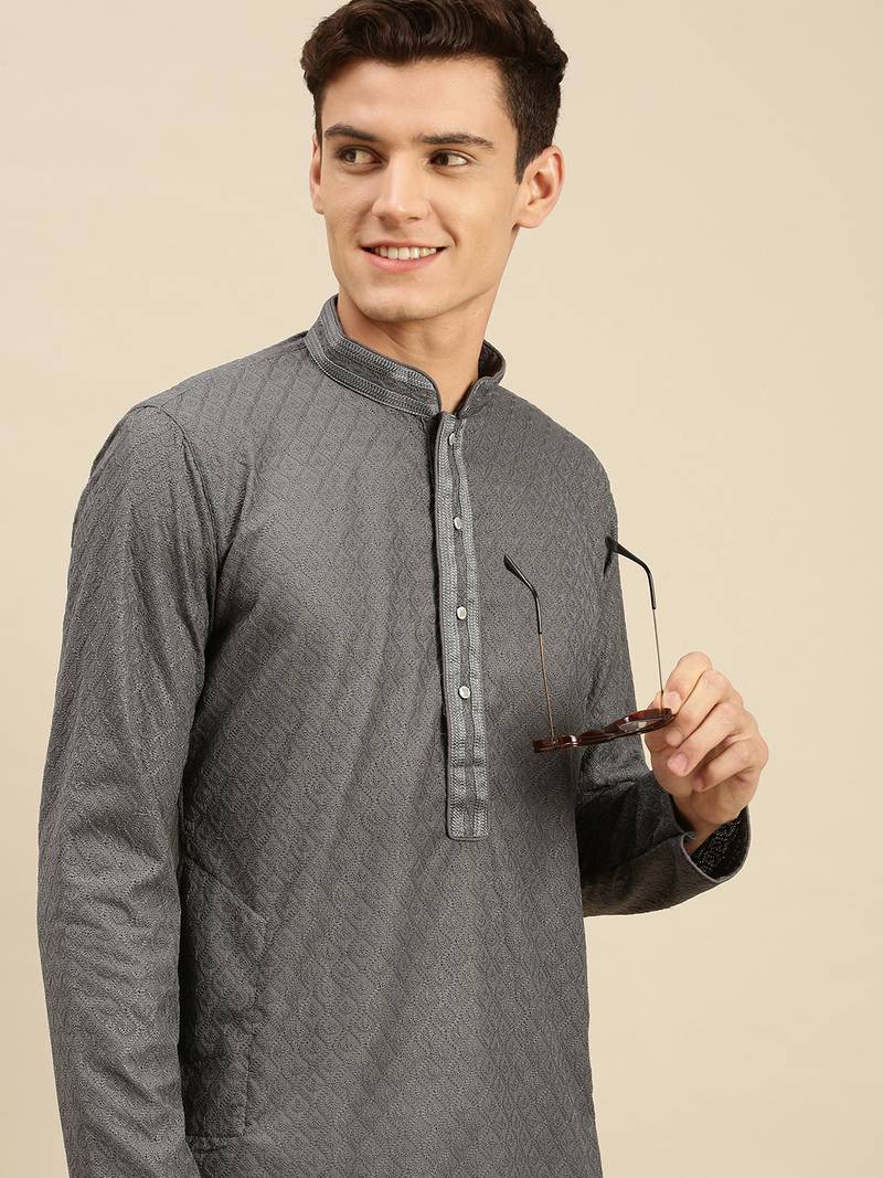 Sanwara Men Grey Cotton Chikankari Embroidery Kurta Pyjama