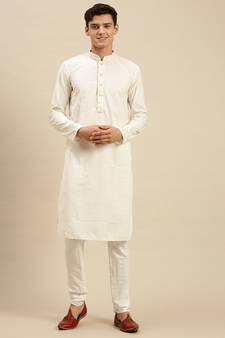 Sanwara Men Off White Cotton Chikankari Embroidery Kurta Pyjama