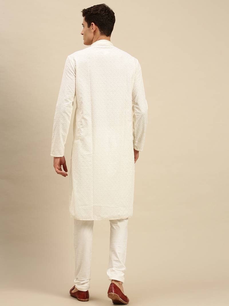 Sanwara Men Off White Cotton Chikankari Embroidery Kurta Pyjama