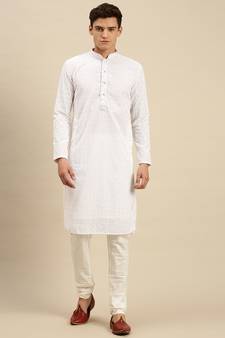 Sanwara Men Off White Cotton Chikankari Embroidery Kurta Pyjama