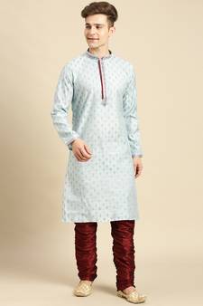 Sanwara Men's Sky Blue Woven Jacquard Ethnic Kurta Set