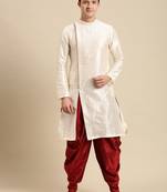 Sanwara Men's Cream Solid Art Silk Ethnic Kurta Set