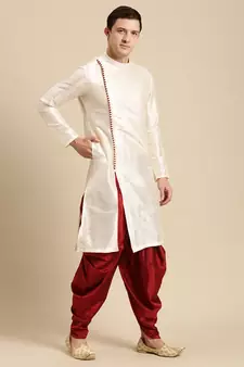 Sanwara Men's Cream Solid Art Silk Ethnic Kurta Set