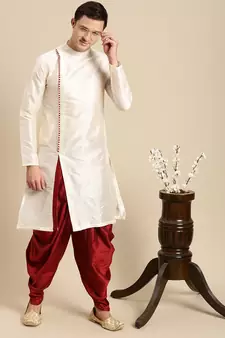 Sanwara Men's Cream Solid Art Silk Ethnic Kurta Set