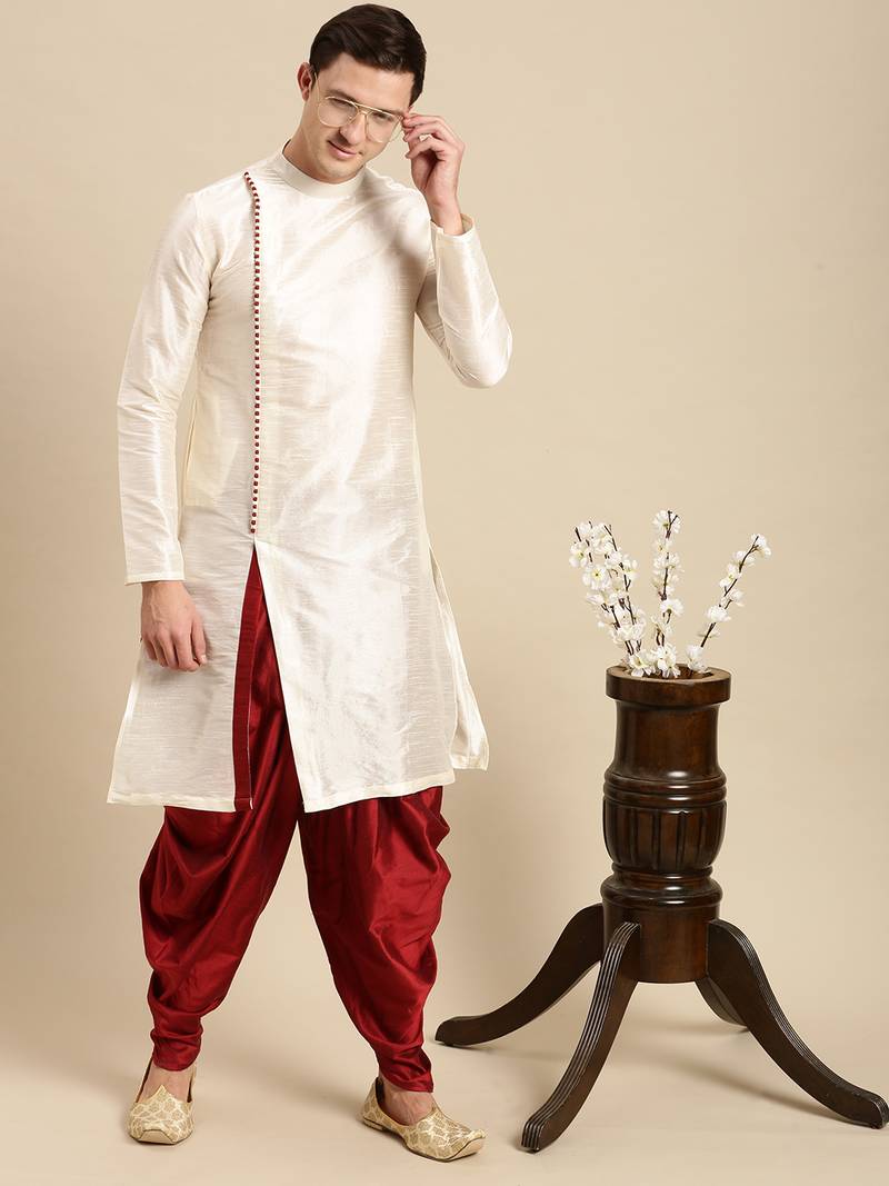 Sanwara Men's Cream Solid Art Silk Ethnic Kurta Set