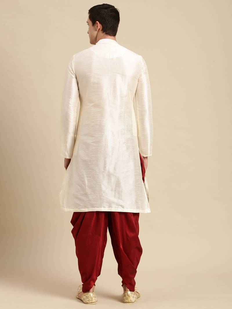 Sanwara Men's Cream Solid Art Silk Ethnic Kurta Set
