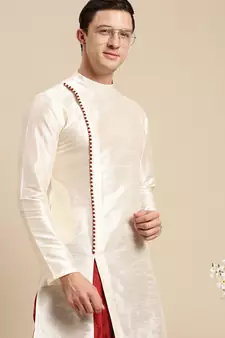 Sanwara Men's Cream Solid Art Silk Ethnic Kurta Set