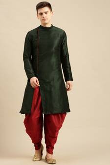 Sanwara Men's Fourleaf Green Solid Art Silk Ethnic Kurta Set