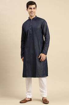 Sanwara Men's Denim Blue Solid Cotton Ethnic Kurta Set