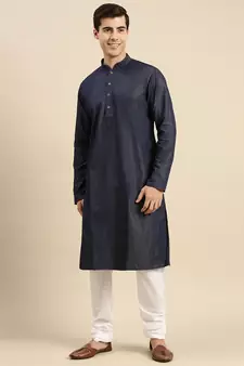 Sanwara Men's Denim Blue Solid Cotton Ethnic Kurta Set