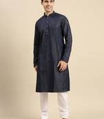 Sanwara Men's Denim Blue Solid Cotton Ethnic Kurta Set