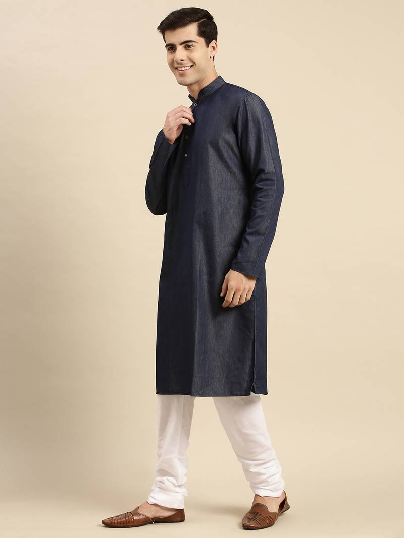 Sanwara Men's Denim Blue Solid Cotton Ethnic Kurta Set