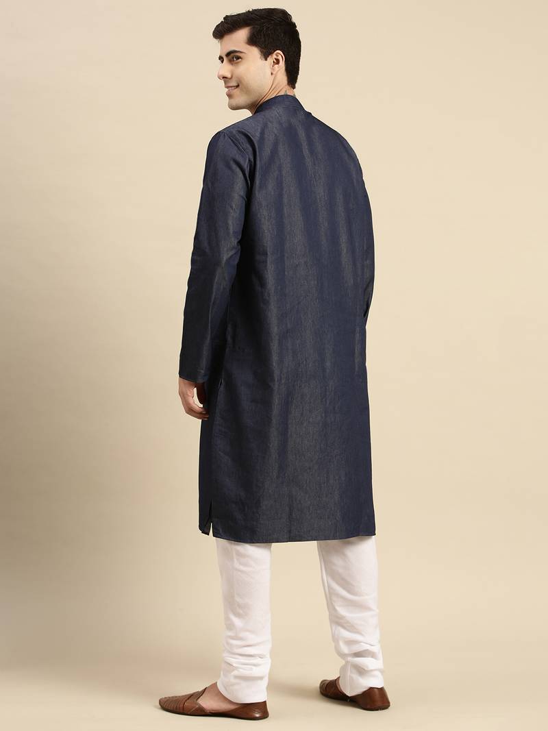 Sanwara Men's Denim Blue Solid Cotton Ethnic Kurta Set