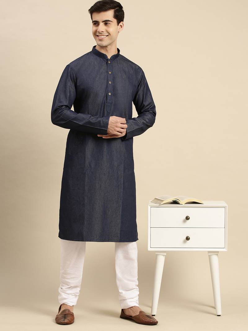 Sanwara Men's Denim Blue Solid Cotton Ethnic Kurta Set