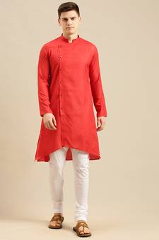 Sanwara Men's Tomato Red Solid Cotton Ethnic Kurta Set