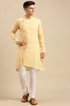 Sanwara Men's Peach Solid Cotton Ethnic Kurta Set