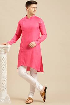 Sanwara Men's Pink Solid Cotton Ethnic Kurta Set