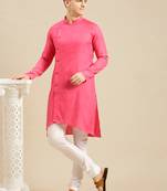 Sanwara Men's Pink Solid Cotton Ethnic Kurta Set