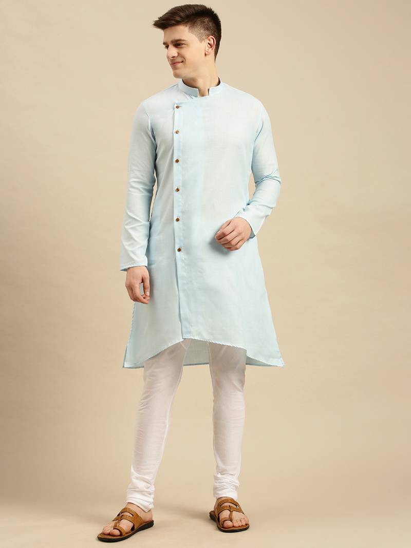 Sanwara Men's Sky Solid Cotton Ethnic Kurta Set