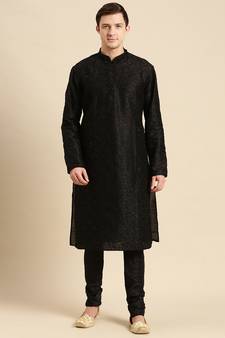 Sanwara Men's Black Embroidered Jacquard Ethnic Kurta Set