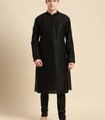 Sanwara Men's Black Embroidered Jacquard Ethnic Kurta Set