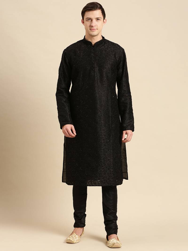 Sanwara Men's Black Embroidered Jacquard Ethnic Kurta Set