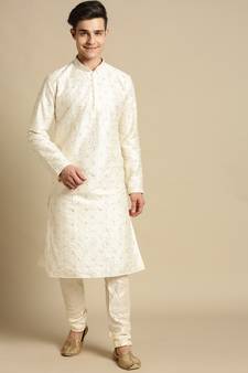 Sanwara Men's Cream Embroidered Jacquard Ethnic Kurta Set