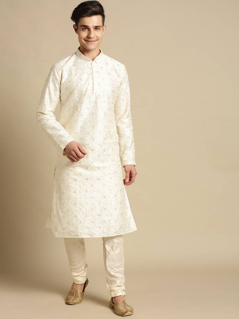 Sanwara Men's Cream Embroidered Jacquard Ethnic Kurta Set