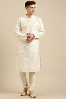 Sanwara Men's Cream Embroidered Jacquard Ethnic Kurta Set
