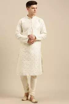 Sanwara Men's Cream Embroidered Jacquard Ethnic Kurta Set